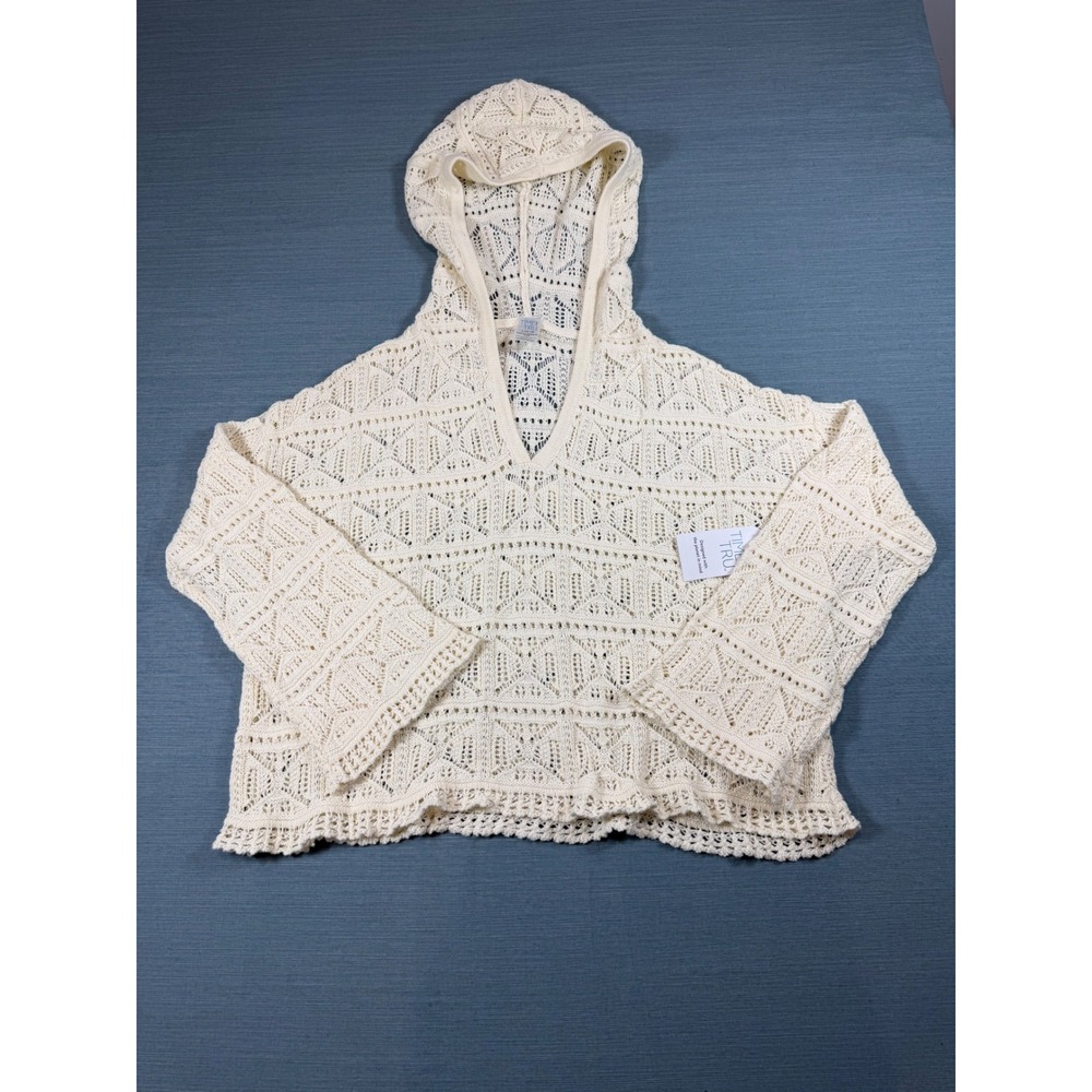 Time‎ and Tru Womens Cream Crochet Knit Hooded Coverup Sweater Large NWT